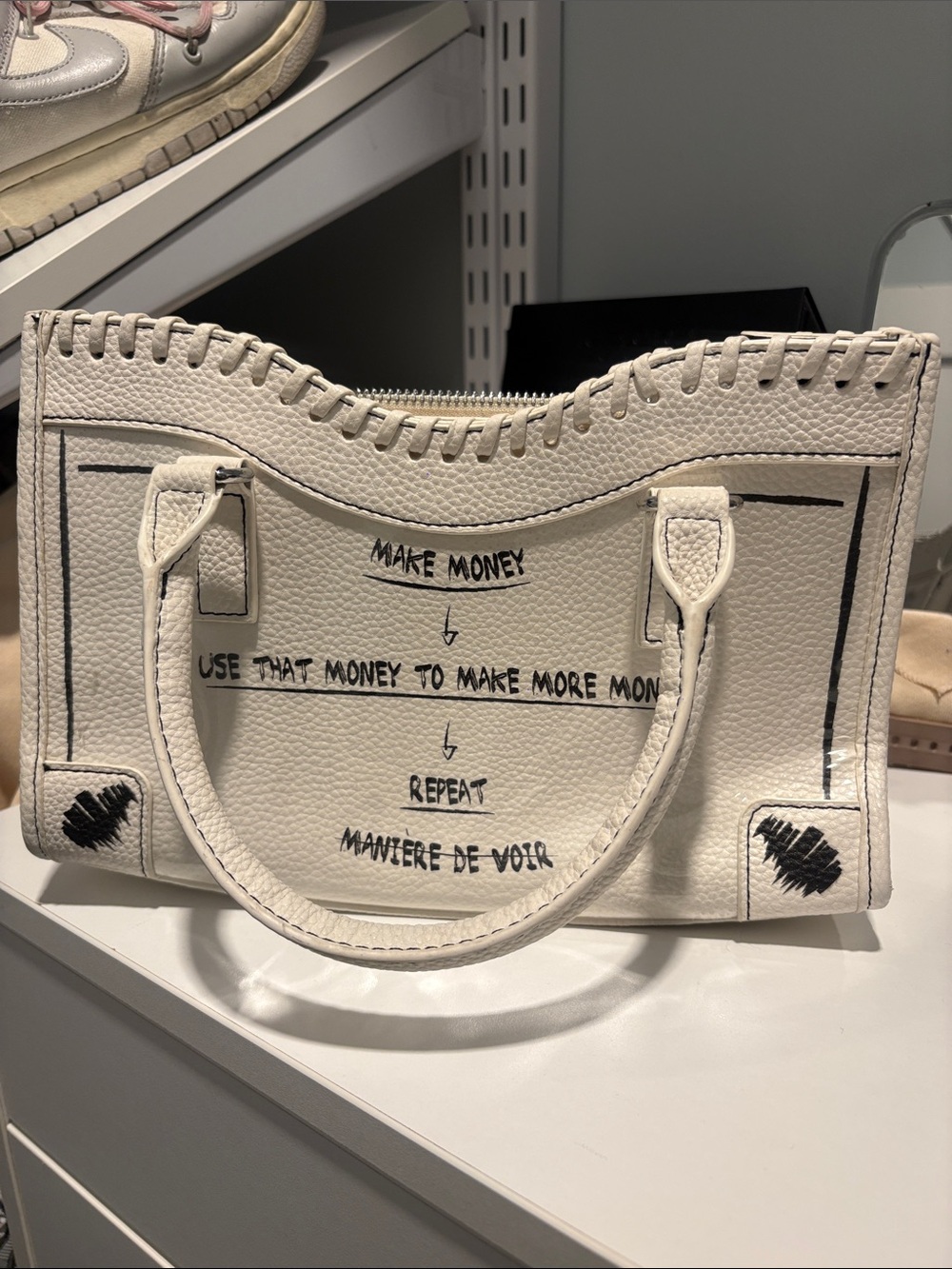 White Graphic Leather Tote Bag